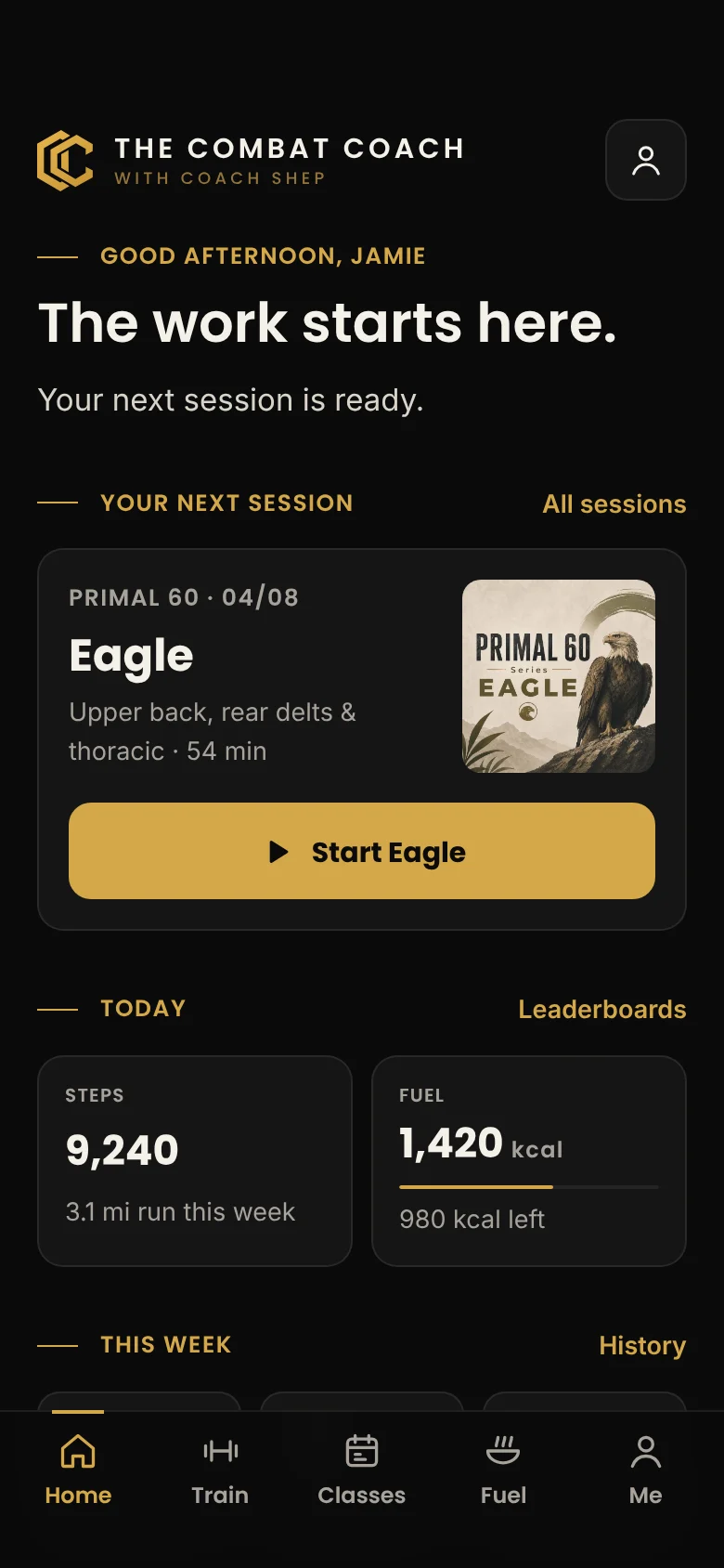 The Combat Coach app: a member's home screen with their next session, today's steps and fuel
