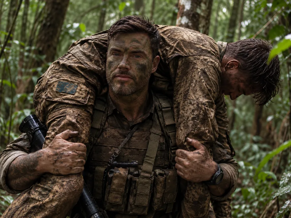 A soldier in face paint carrying a comrade across his shoulders through the jungle